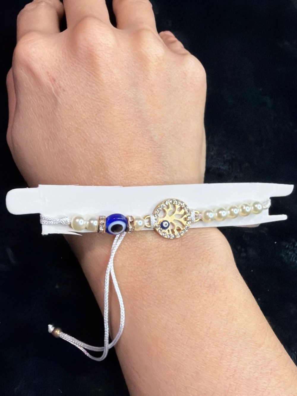 Evil Eye Pearl Bracelet with Gold Tree Charm - White